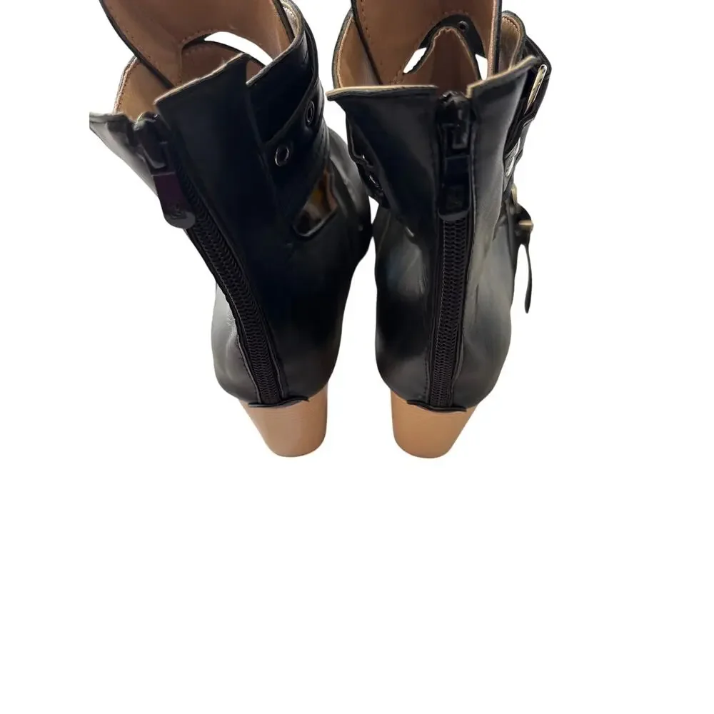 Black Leather Ankle Boots w/ Buckle & Strap Detail Chunky Heel NWOT